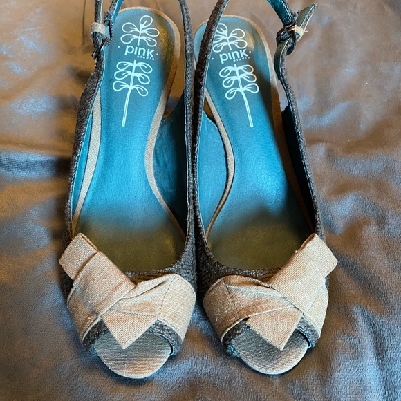 pink studio Shoes - Pink studio brand, gray and tan peep toe sling backs with a wood block heel